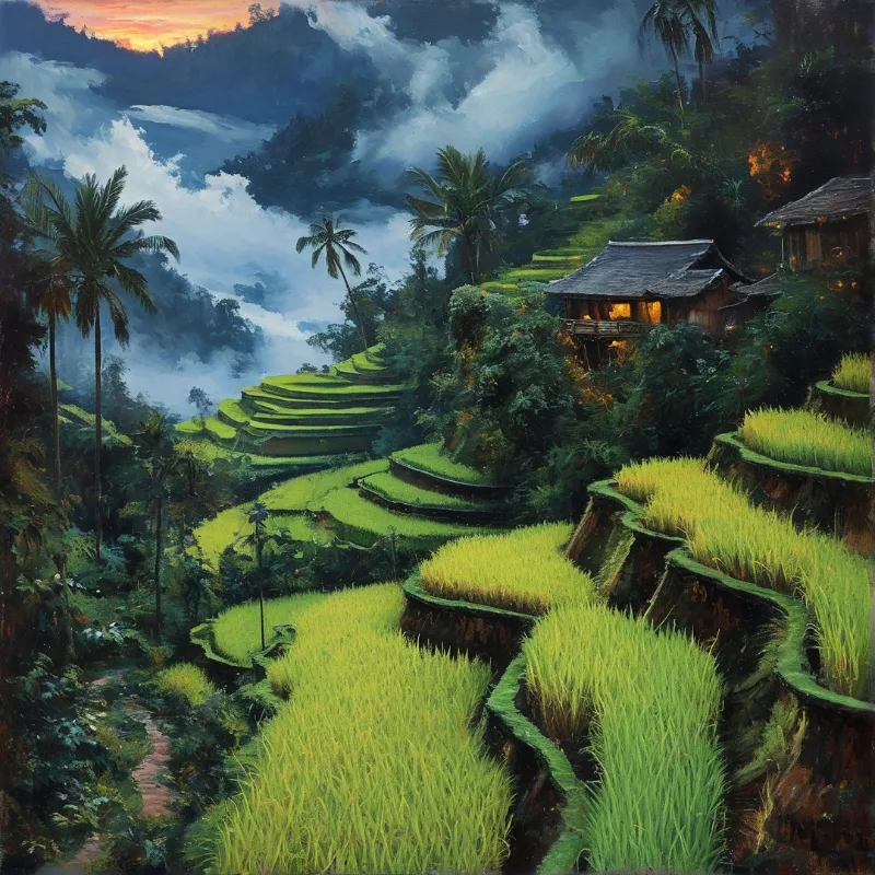 Green rice paddies step up a hillside near wooden cabins glowing with warm light while thick fog fills the distant valley.