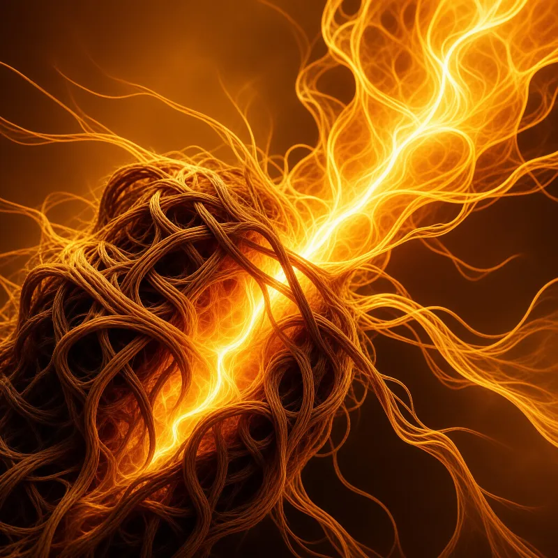 Tangled brown fiber strands twist against a dark backdrop as bright orange light flows out of their center in wispy curves.