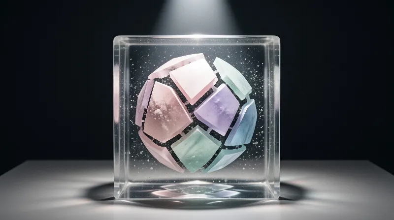 Faceted pastel stone pieces float inside a clear glass cube lit from above against a dark backdrop