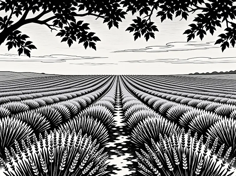 High contrast drawing depicts wheat field rows stretching toward distant hills framed by overhanging leaves.
