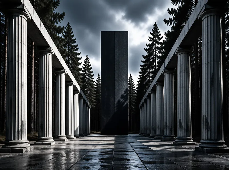 Black slab stands at the end of a wet walkway lined with classical columns surrounded by evergreen trees under cloudy skies.
