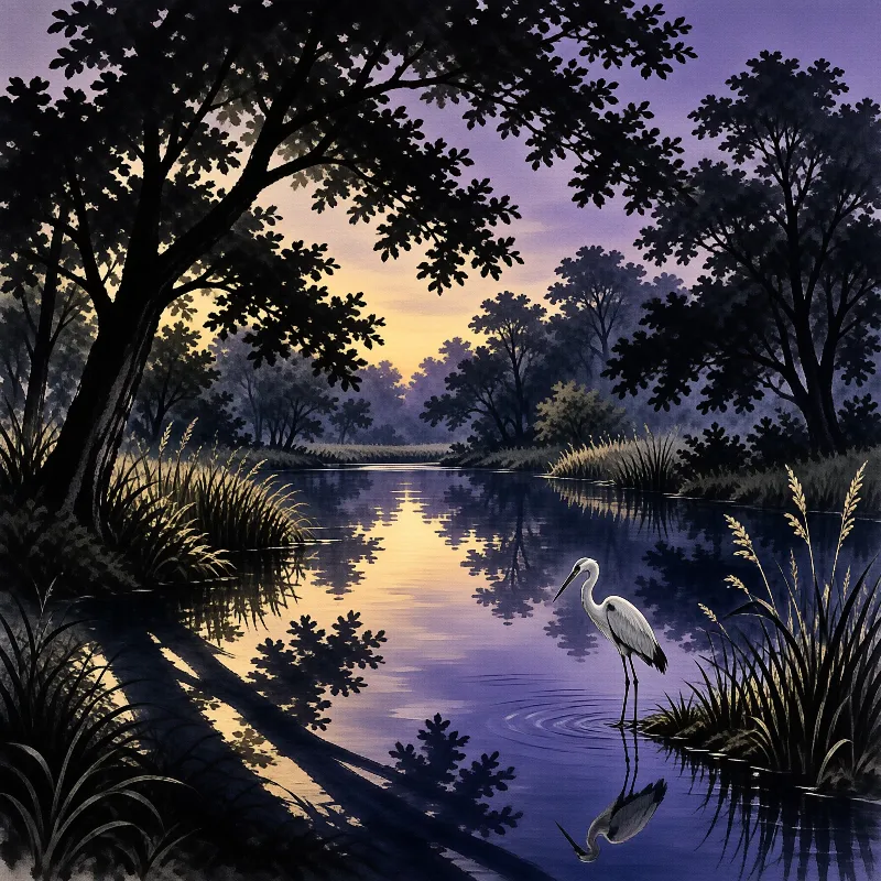A white heron stands alone in a calm river while purple twilight light reflects off the water beneath silhouetted trees.