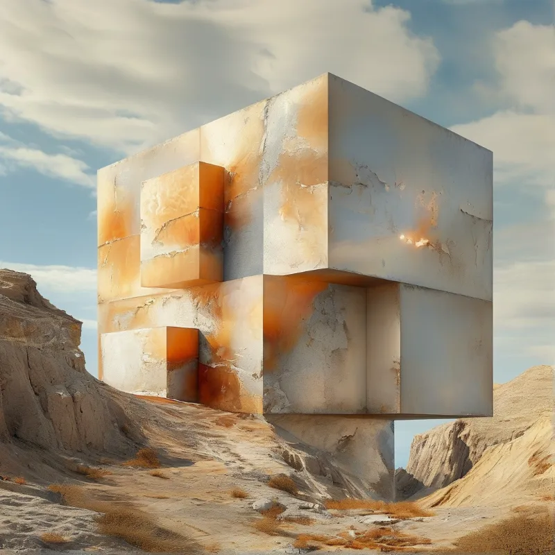 A large metallic block with orange patina and cutouts stands on sandy ground under a partly cloudy sky.