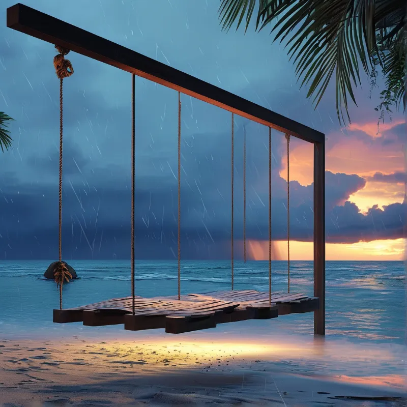 A massive wooden swing hangs low over the wet sand while rain falls against a dramatic orange sunset sky.