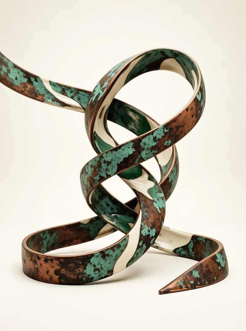 A patinated copper ribbon loops and twists into an open sculptural knot on a plain cream ground.