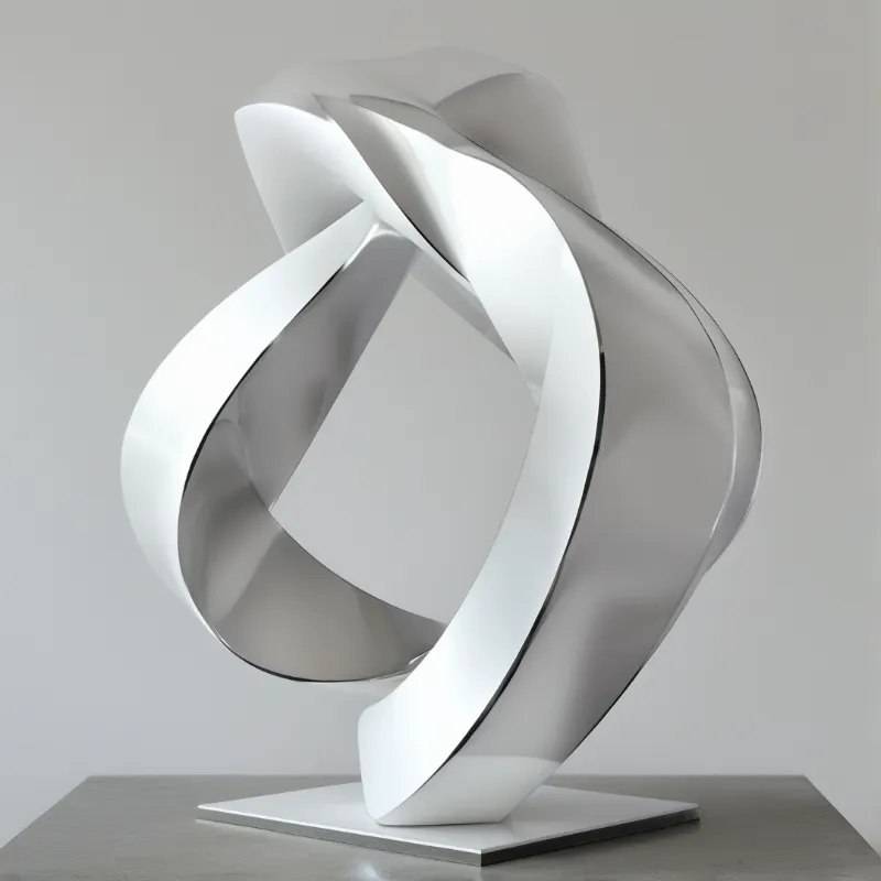 A glossy white abstract sculpture resembling a twisted ribbon stands on a square gray base against a plain background.