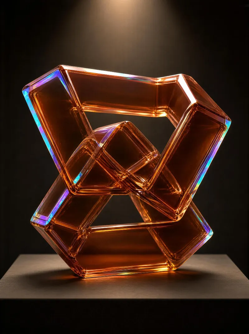 A translucent, amber iridescent glass sculpture with interlocking geometric shapes sits on a dark platform, illuminated by a spotlight from above.