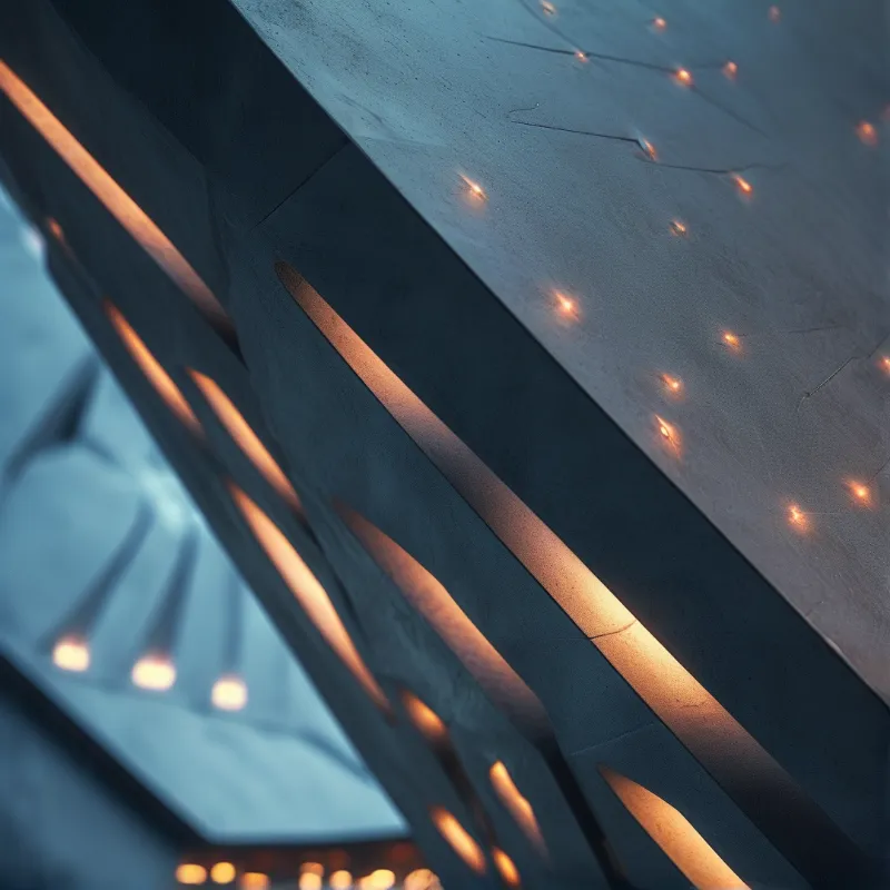 A geometric ceiling structure is shown with diagonal slats and warm orange lights contrasting against cool blue surfaces.