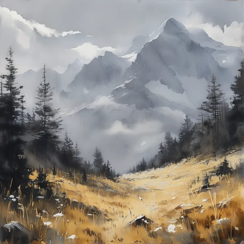 A mountain peak looms over a misty valley, with golden grass and snow patches in the foreground under cloudy skies.
