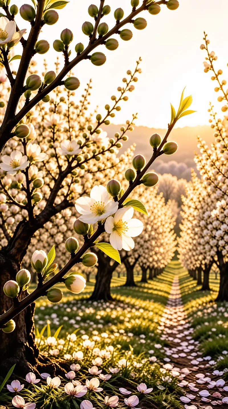 White blossoms and green buds overlook neat orchard rows bathed in warm golden sunlight along a central path.
