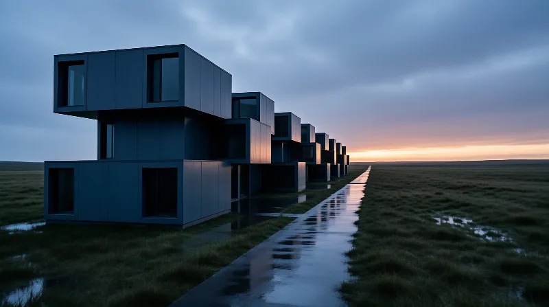 Identical dark box dwellings step into the distance beside a gleaming footpath crossing a marshy plain under evening cloud.