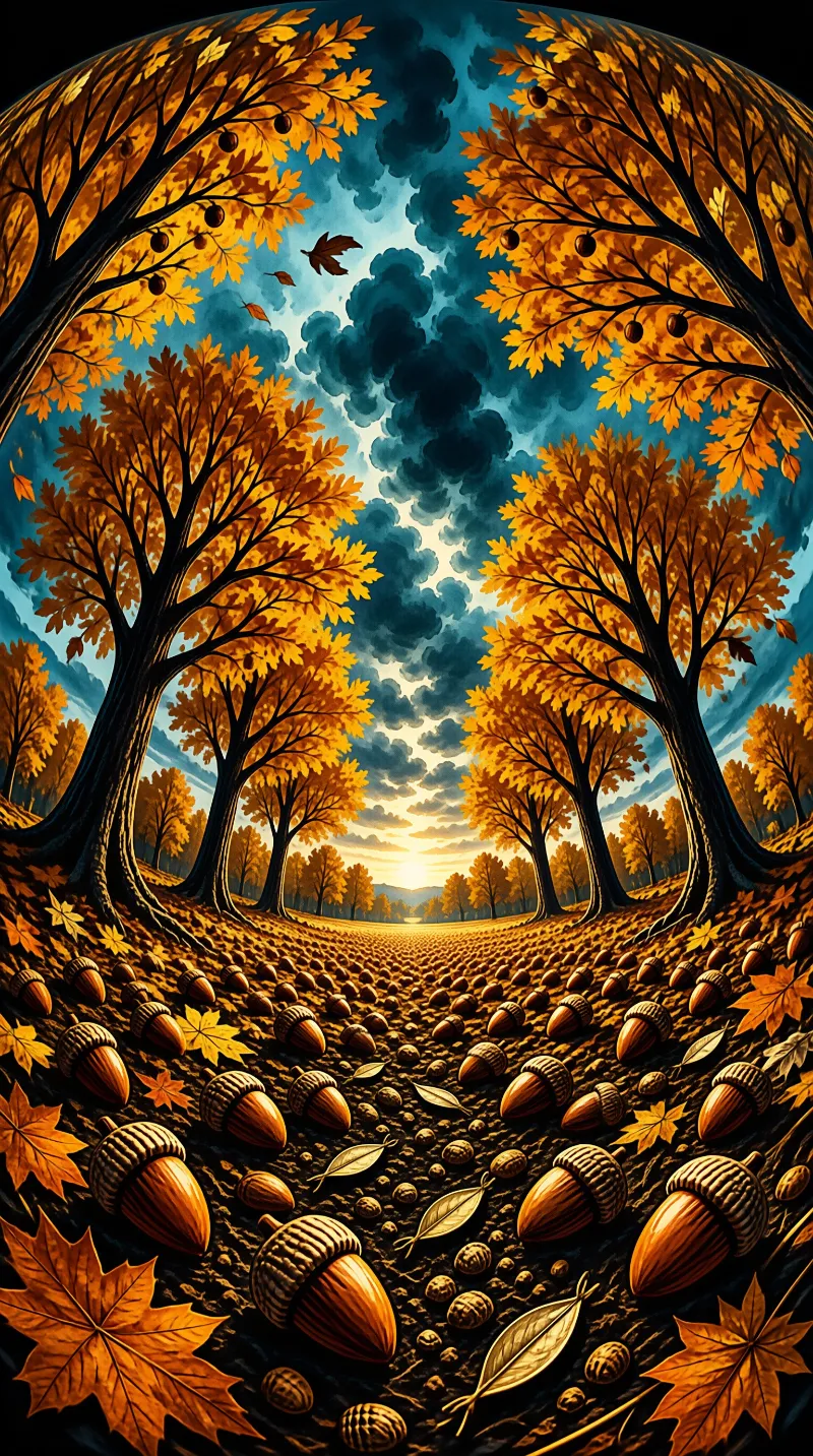 A winding path through an autumn oak grove stretches towards the horizon under cloudy blue skies, with fallen acorns and leaves covering the ground, warm golden leaves contrast cool deep blue clouds.