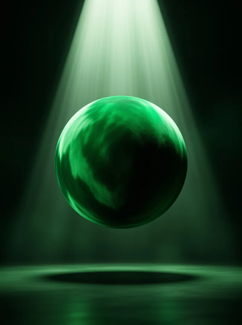 A glossy green sphere floats in darkness beneath a vertical beam of light casting a shadow.