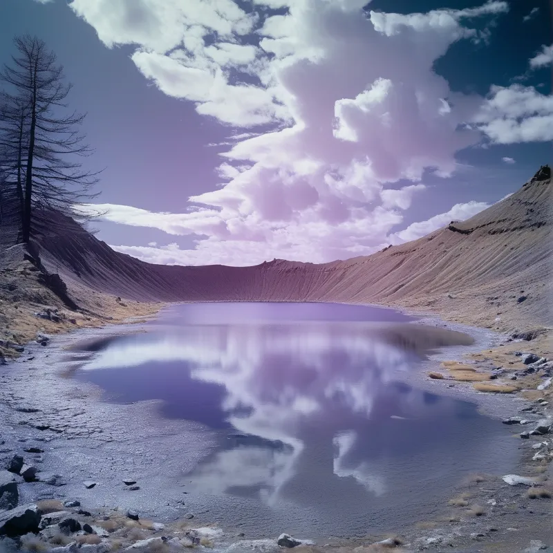 A calm pool of water in a barren crater reflects a massive purple-tinted cloud against a blue sky.
