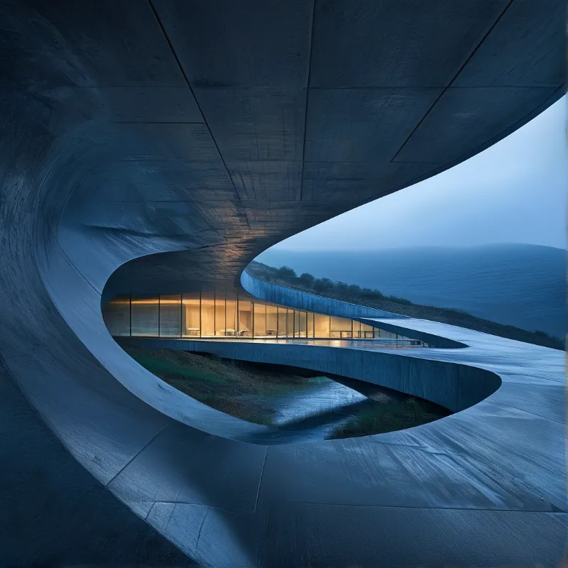 Massive curved concrete architecture frames a glowing interior room against a misty blue horizon.