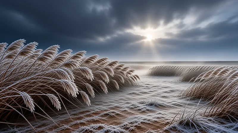 Frost covered reeds lean across a snow dusted plain as sunbeams break through thick storm clouds far on the horizon.