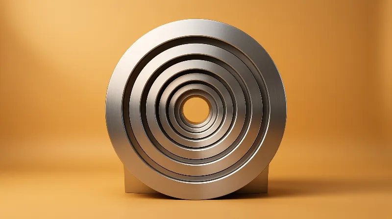 A massive stack of concentric silver rings rests on a warm ochre surface illuminated by soft directional light.