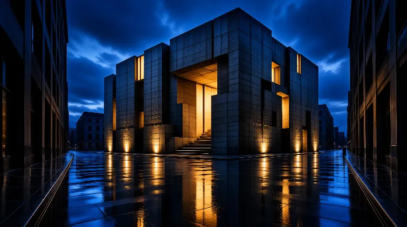 A geometric stone building glows with warm light while its reflection shimmers on the rain-soaked pavement.