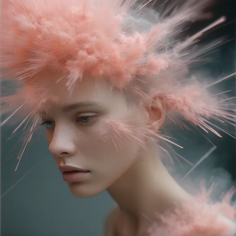Close-up profile of a woman with pink feathery hair extensions against a dark teal background with soft lighting.