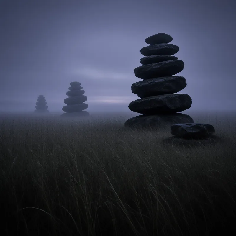Three stone cairns stand in a field of dark grass during a foggy blue twilight.