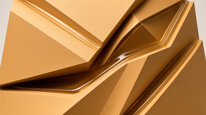 Glossy amber fluid pools within the crevices of matte golden geometric forms under directional lighting.