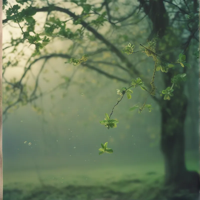 Hanging tree branches adorned with moss and green leaves emerge from a foggy forest under diffused morning light