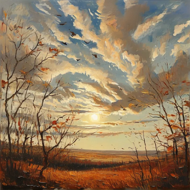 Bare branches line an open field as a low sun casts warm light across a vast cloudy sky