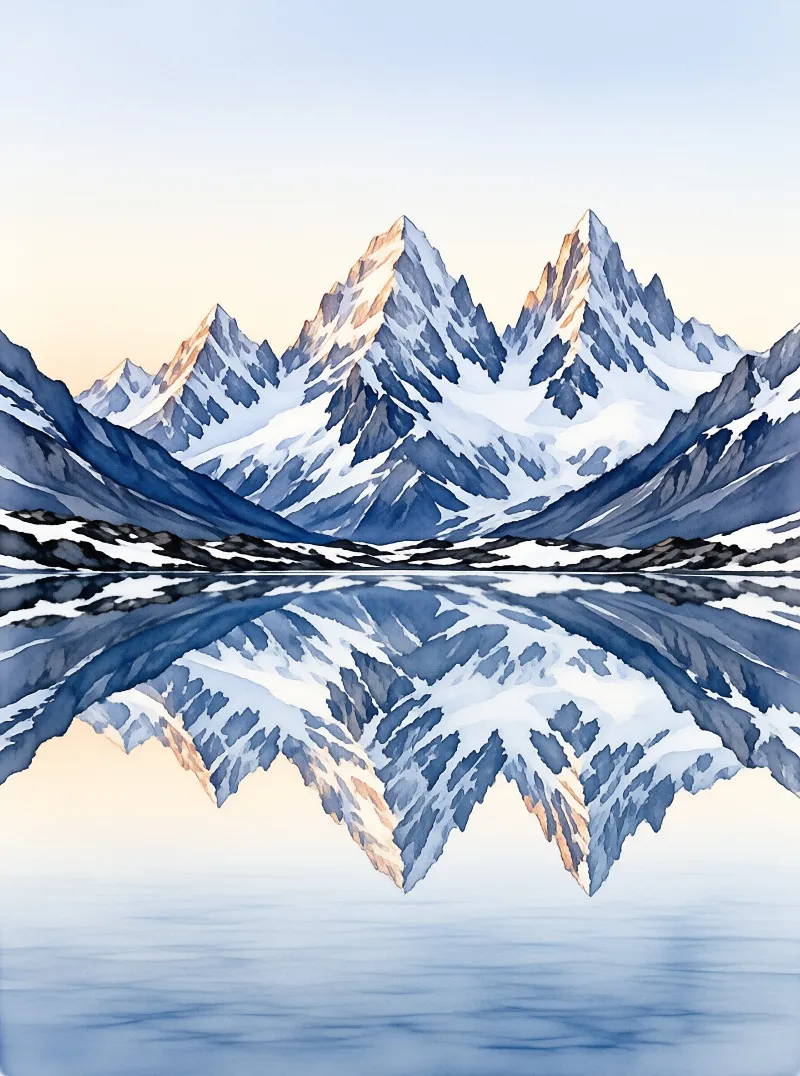 A serene landscape painting shows snow capped mountain peaks mirrored perfectly in a still blue lake under a soft sky