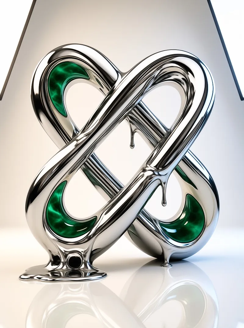 A polished chrome infinity sculpture features emerald green inserts and rests on a glossy white reflective surface.