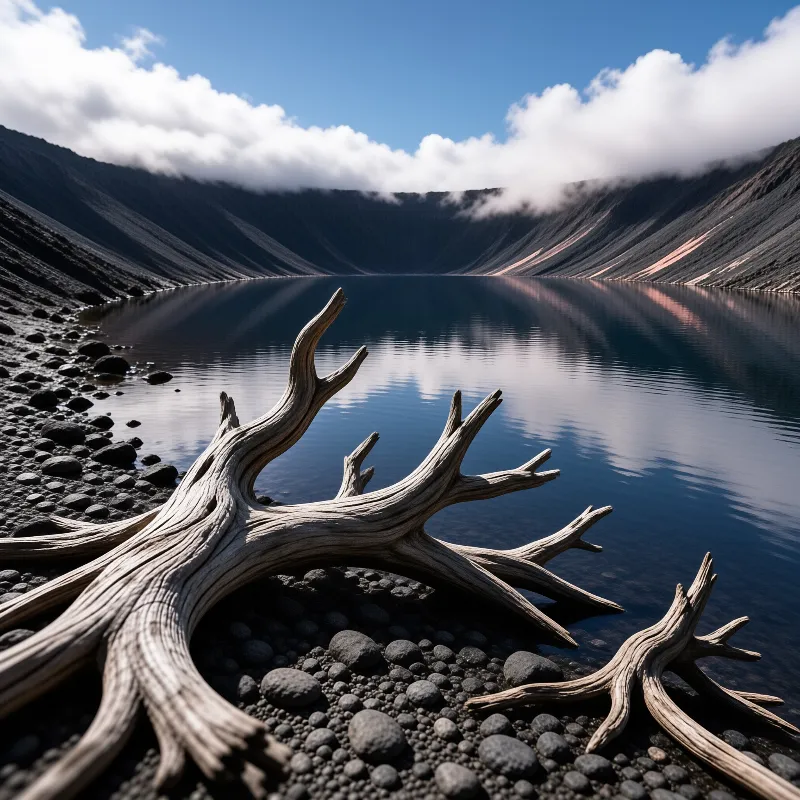 A large weathered branch rests on dark stones beside a calm lake surrounded by steep mountains.
