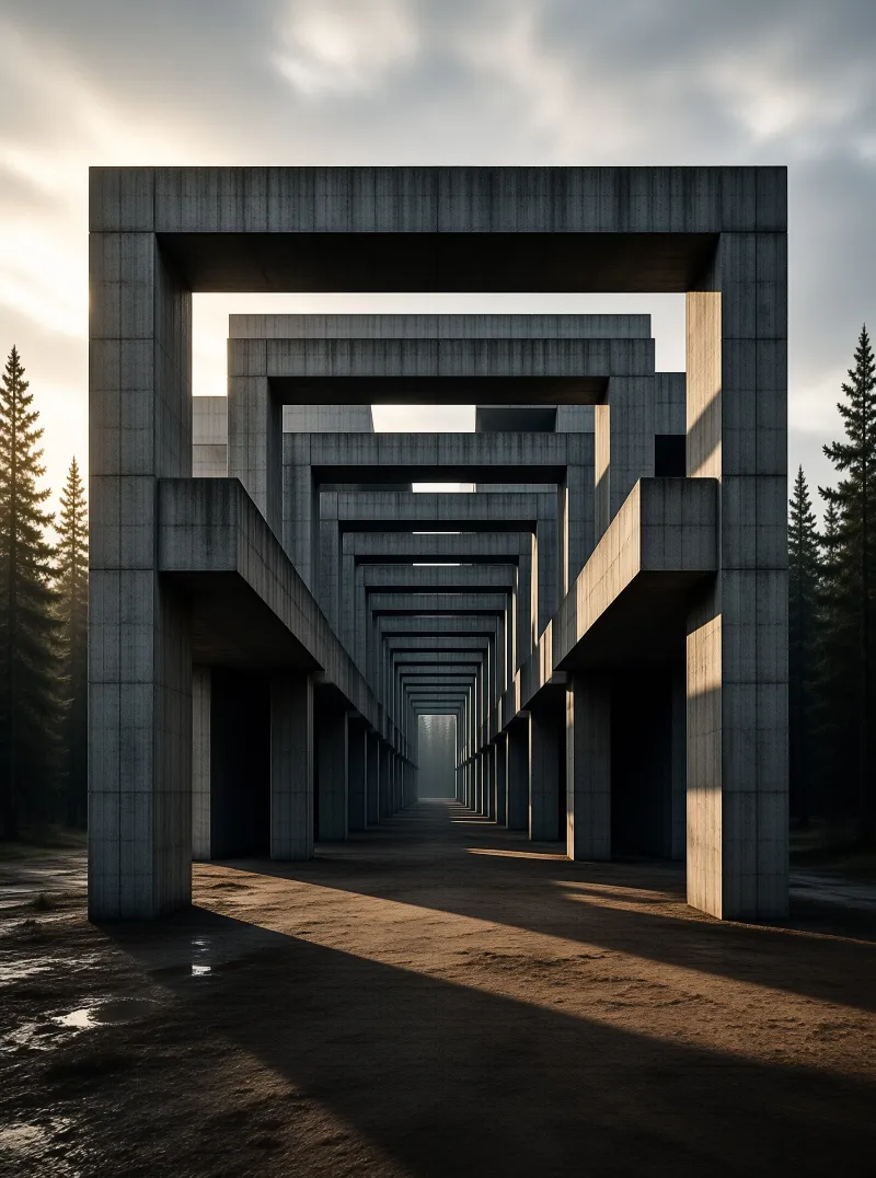 Repeating square concrete portals form a long vanishing path through a dark evergreen forest at golden hour.