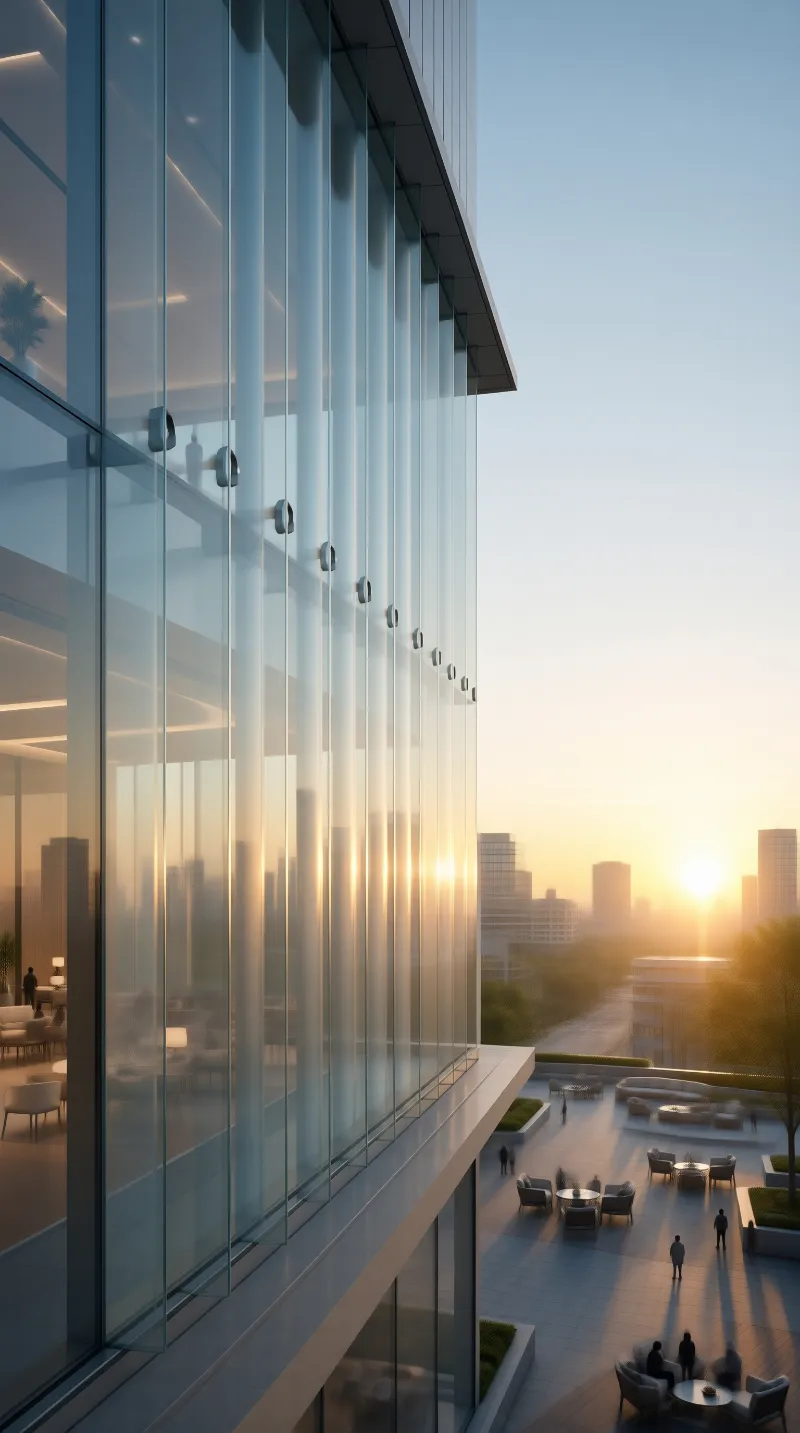 Modern Glass Building at Sunset