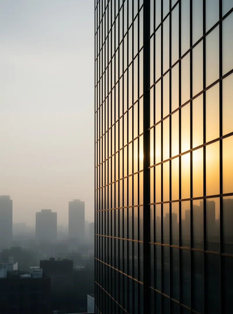 Vertical window mullions on a skyscraper catch golden evening light while a misty skyline fades behind.