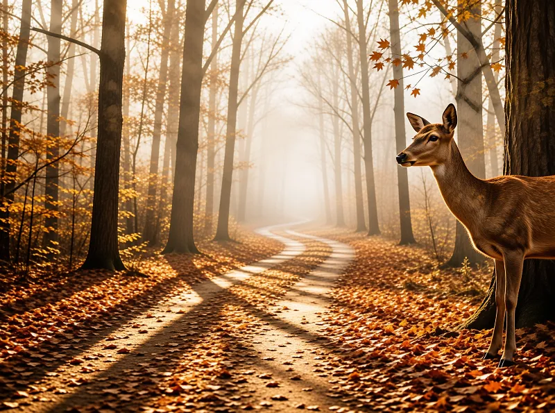 A brown deer stands alert near a tree while golden sunlight filters through a misty forest path covered in autumn leaves.