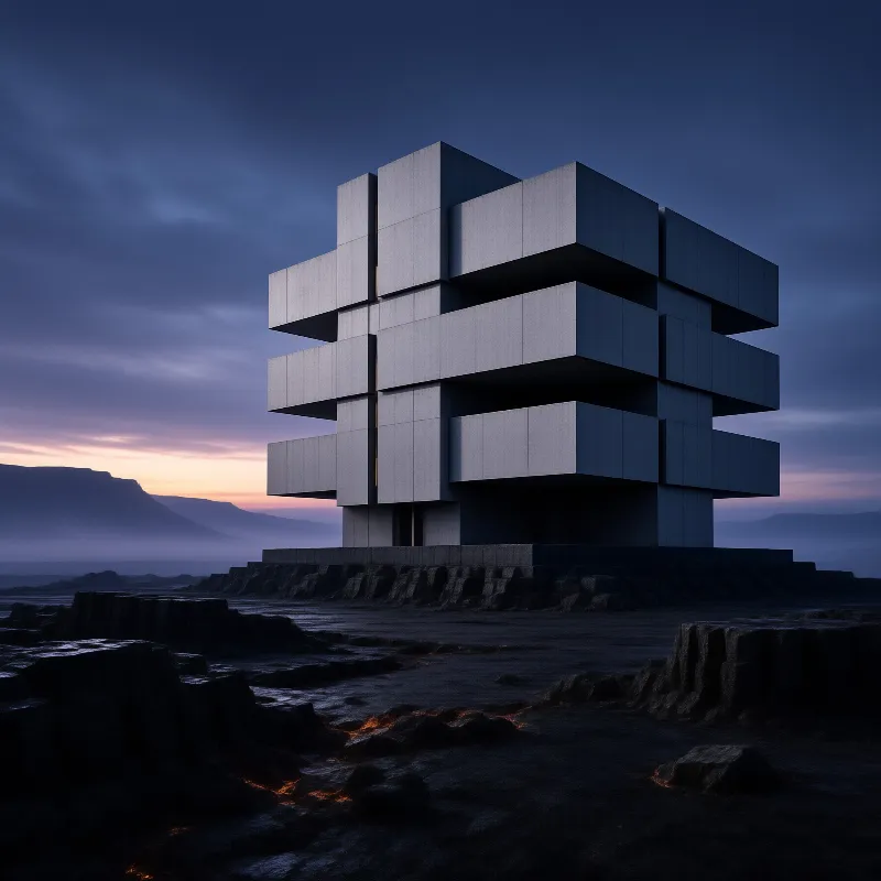 A massive brutalist concrete building stands isolated on a dark rocky plain with glowing lava streams under a twilight sky.