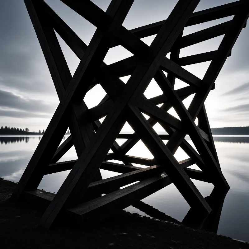 A dark interlocking wooden sculpture stands silhouetted against a calm lake and distant treeline under an overcast sky.