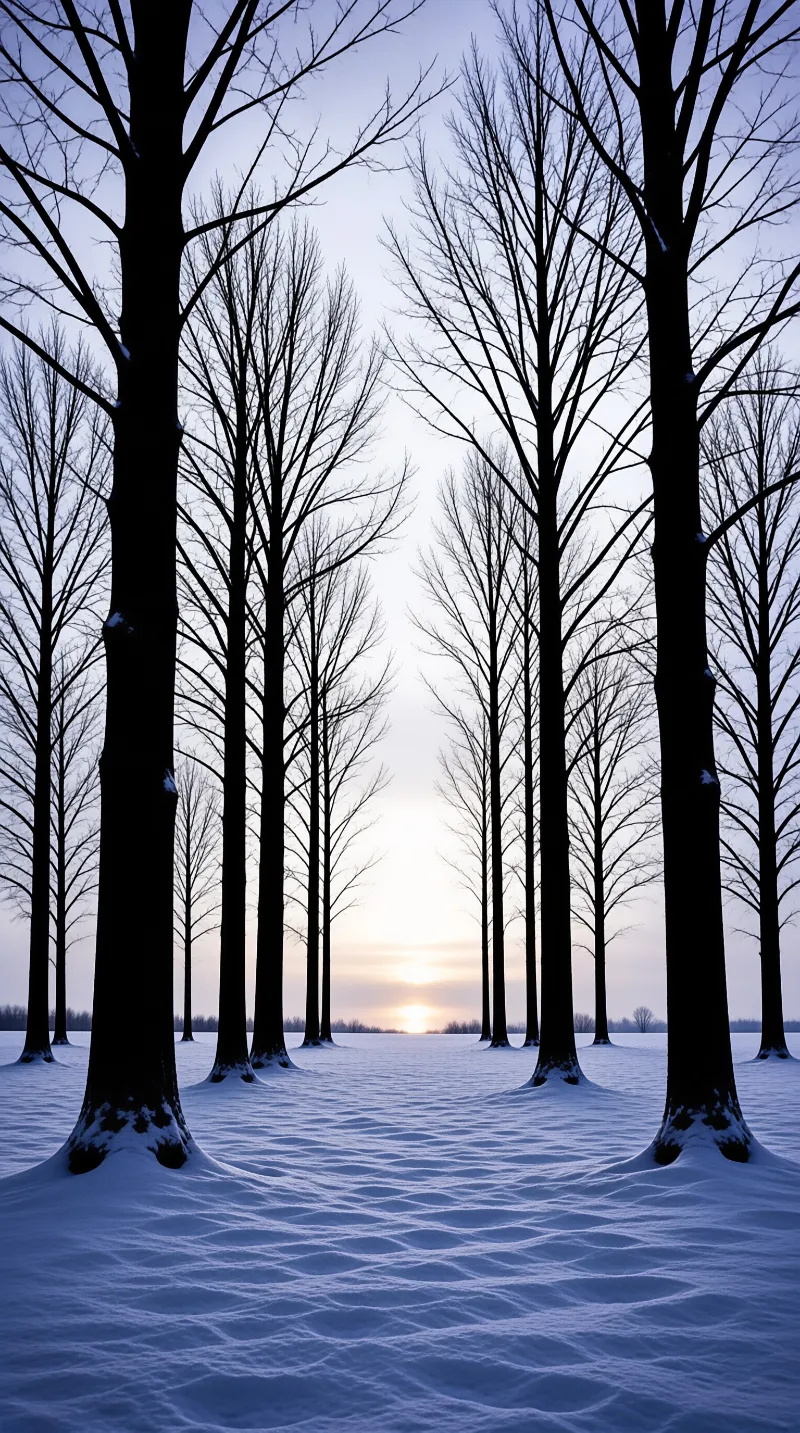 Rows of leafless trees stand as dark silhouettes against a pale sky above a snowy landscape at sunset.