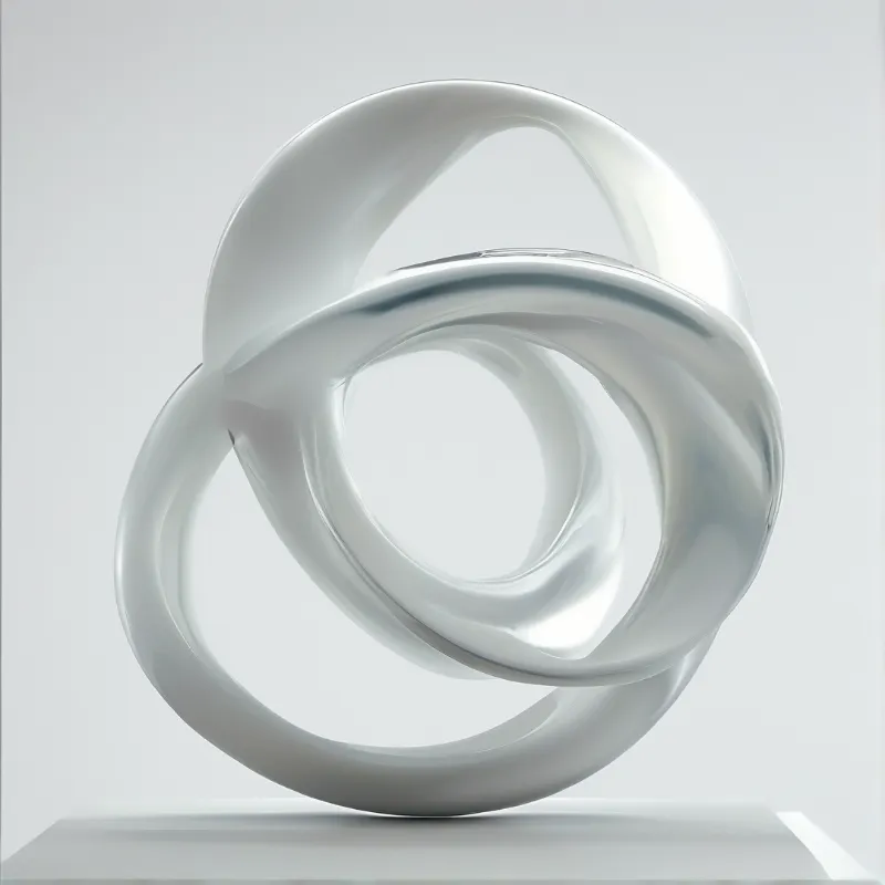 A glossy white sculpture with interlocking curves stands on a pedestal against a plain white background.
