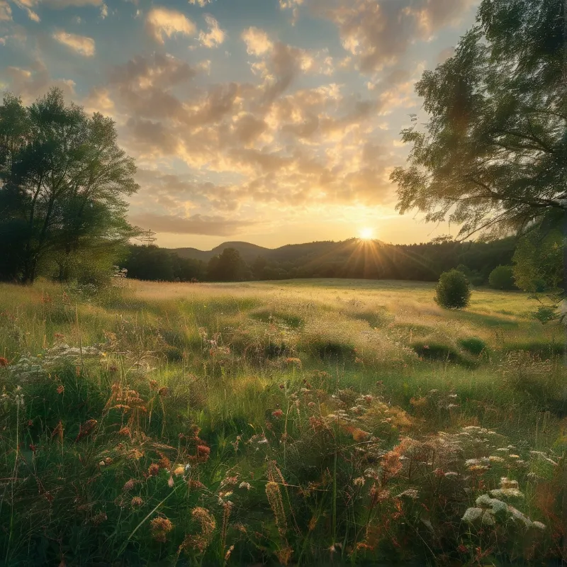 A lush green field of wildflowers stretches toward rolling hills under a bright setting sun.