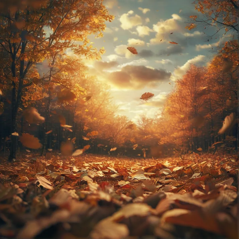 Amber and brown autumn leaves cover a wooded path lined with orange trees as warm sunset light glows through the clouds.