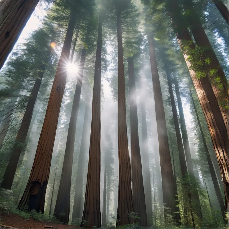 A low angle view looks up through a stand of towering old redwoods as bright sun rays filter through the misty forest canopy.