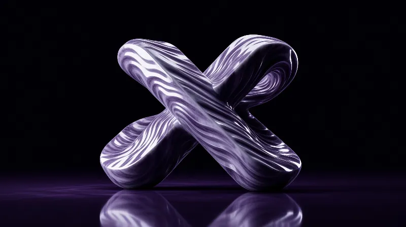 A glossy purple object shaped like an X sits on a dark floor with marbled swirls.