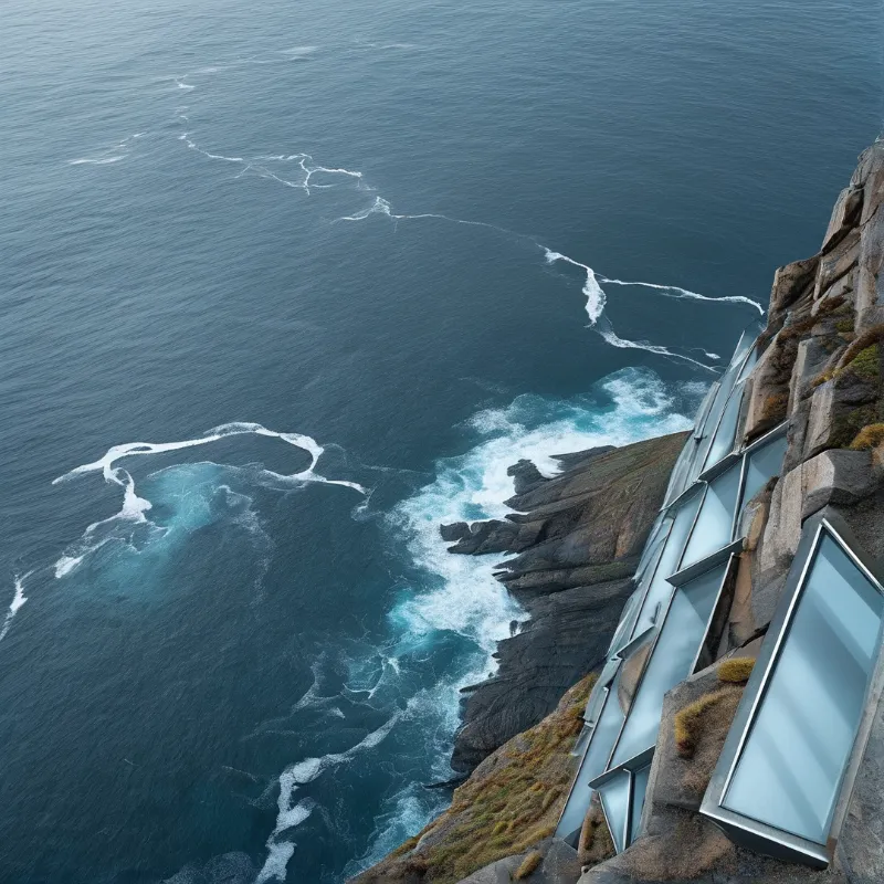 A series of glass windows is embedded in a rugged coastal cliff with white waves breaking against the rocks below.