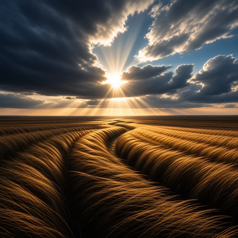 Sunbeams break through dark storm clouds and sweep across golden wheat rows on a windswept farm field.