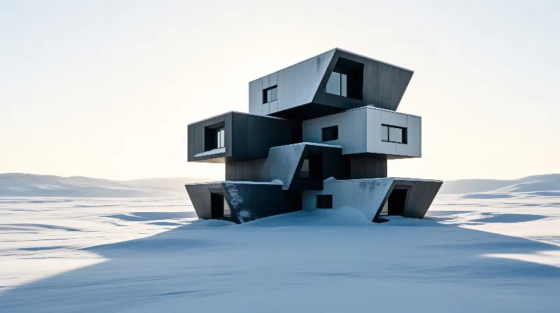 Charcoal volumes jut at sharp angles from smooth snow under a pale overcast sky in an empty arctic plain.