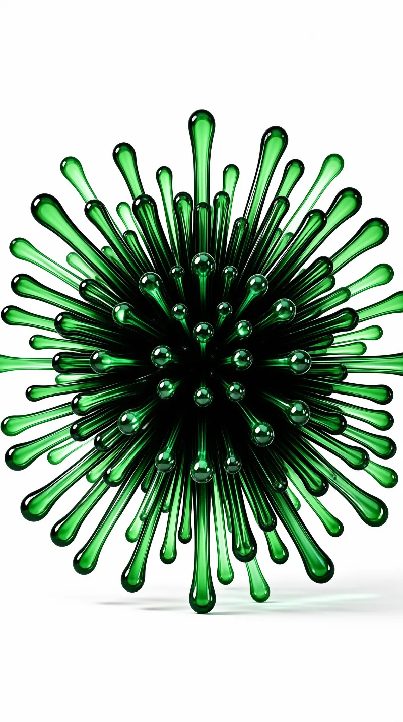 A central green sphere features numerous glossy spikes extending outward into the white space.