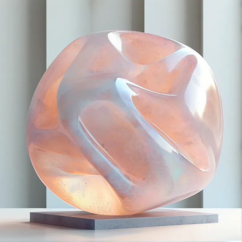 A rounded pearlescent pink translucent sculpture rests on a dark stone square plinth in a bright minimal interior space.