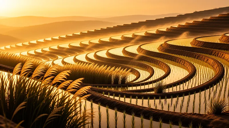 Flooded rice paddies curve along a mountainside as warm sunset light illuminates drifting mist and water reflections.