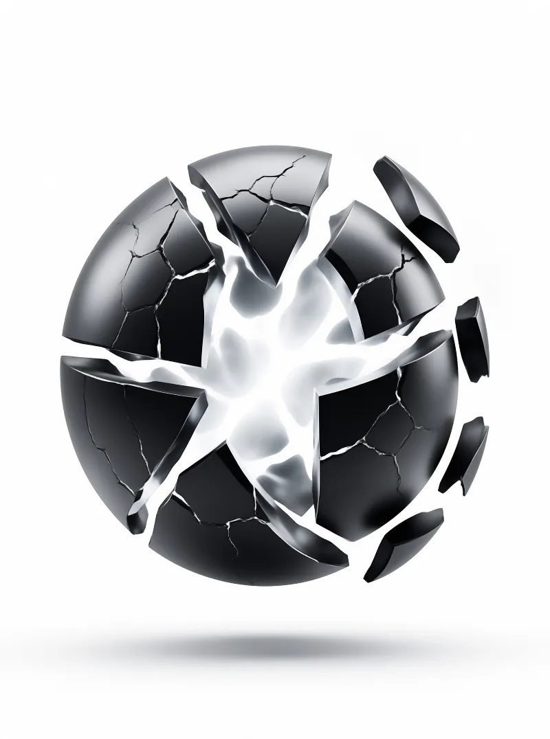 A glossy black sphere bursts apart to reveal a bright white light radiating from the center on a plain white surface.