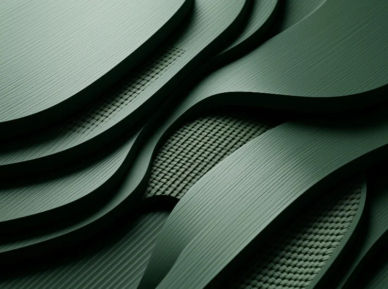 Close up view of dark teal wavy layers revealing a woven grid pattern underneath smooth surfaces.